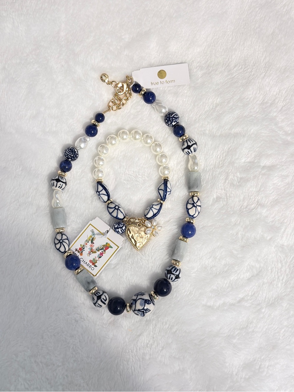 True to Form Blue & White Beaded Necklace and Mia Charro Gold Heart Bracelet Set
